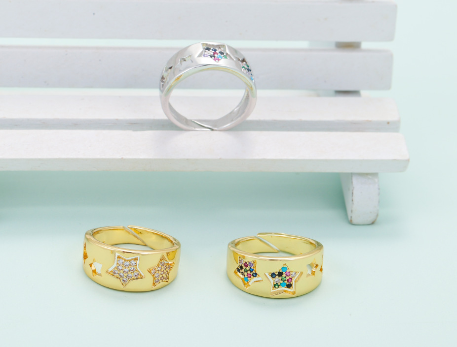Copper Material Geometric Pattern Korean Diamond-studded Hollow Five-pointed Star Couple Ring