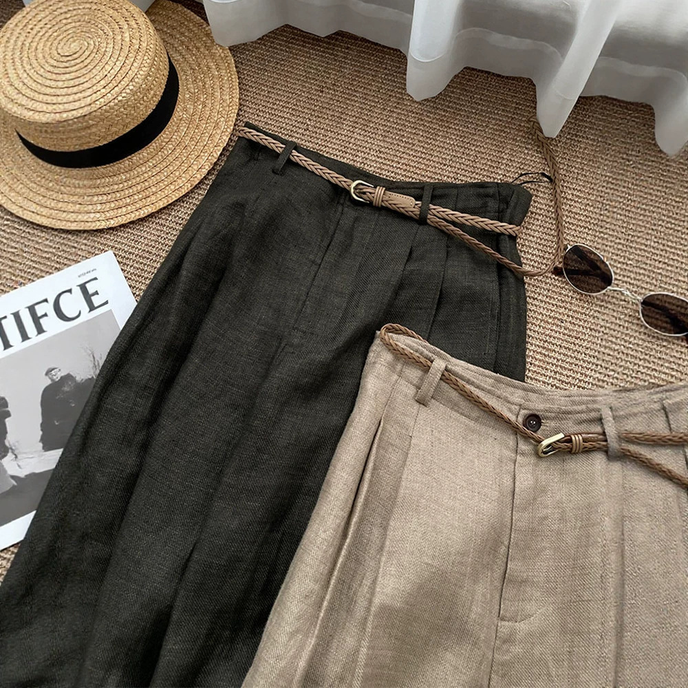 High Waisted Slimming Khaki Linen Wide Leg Pants For Women Trendy Relaxed Straight Leg Casual Trousers_ecoleips.com