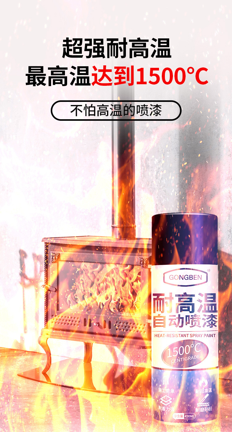 High-Temperature Resistant Paint for Stoves, 2000 Degrees, Metal Rust-Proof, Fire-Resistant, Black Self-Spraying Paint for Fireplaces, Wood-Burning Stoves, Exhaust Pipes