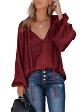 2024亚马逊跨境欧美缎面丝绸衬衫女装灯笼长袖宽松V领系带上衣