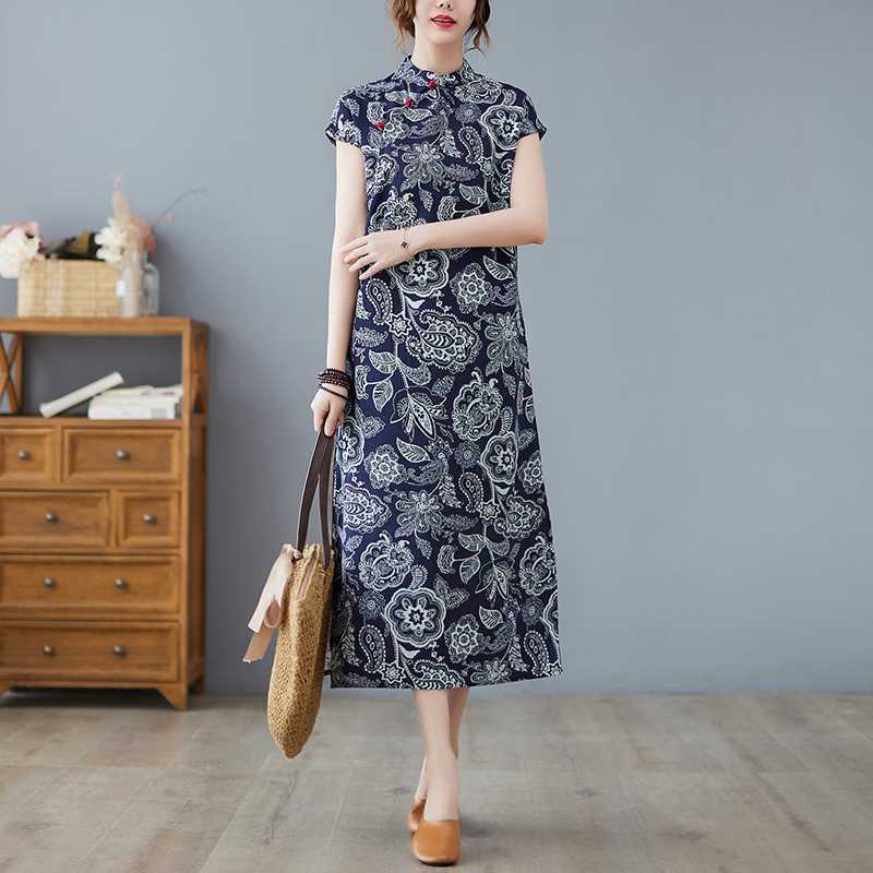 国风苎麻女夏中式连衣裙显瘦民族风改良旗袍茶服大码禅意裙