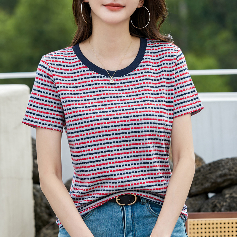 [Full Style Hot Style] Contrast Color Striped Short Sleeve T-Shirt for Women Korean New Loose Casual Chic Women's Clothing Blue Pink