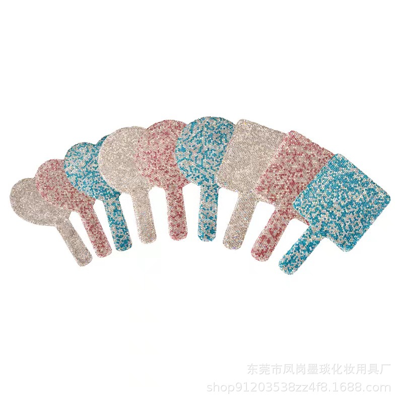 Los fabricantes suministran espejos de mano con diamantes Espejos de maquillaje de moda ABS Pegatinas de arcilla de belleza Espejo con mango de diamantes Suministro de Amazon