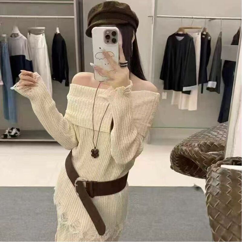 韩系一字领露肩长袖针织衫女秋毛边破洞坑条收腰显瘦上衣黑色均码|undefined