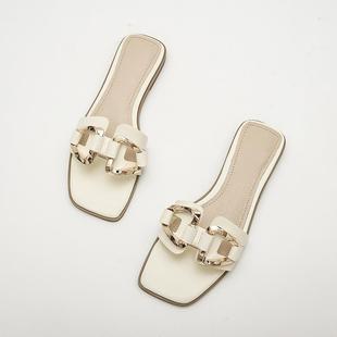 2023 new flat summer sandals women's outer wear metal decorative sandals flat heel western style women's shoes