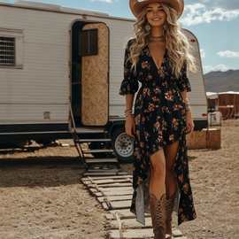 2025欧美跨境新款西部风碎花V领开叉长袖连衣裙女度假风显瘦裙