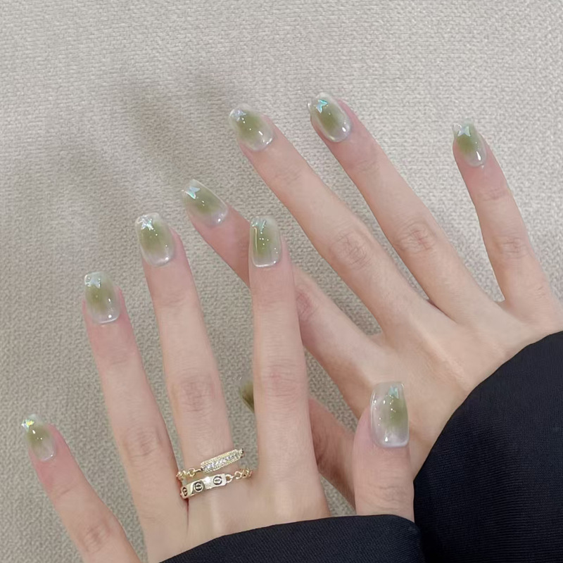 [30 pieces] short pure cat's eye green gradient handmade laser butterfly white wearing nail patch