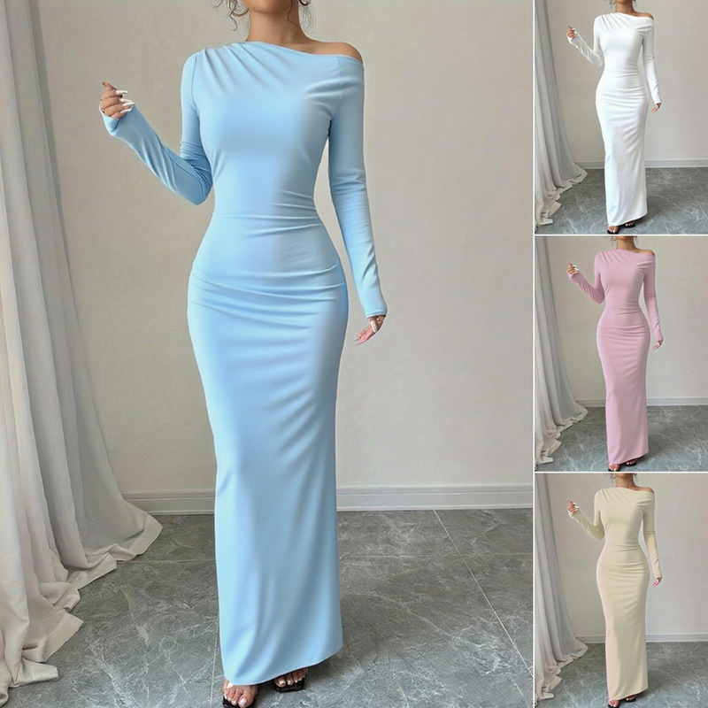 European and American Cross-Border Popular 2025 Autum New Oblique Shoulder Bag Hip Skirt Women's Pure Color Long-Sleeved Dress Elegant Long Skirt