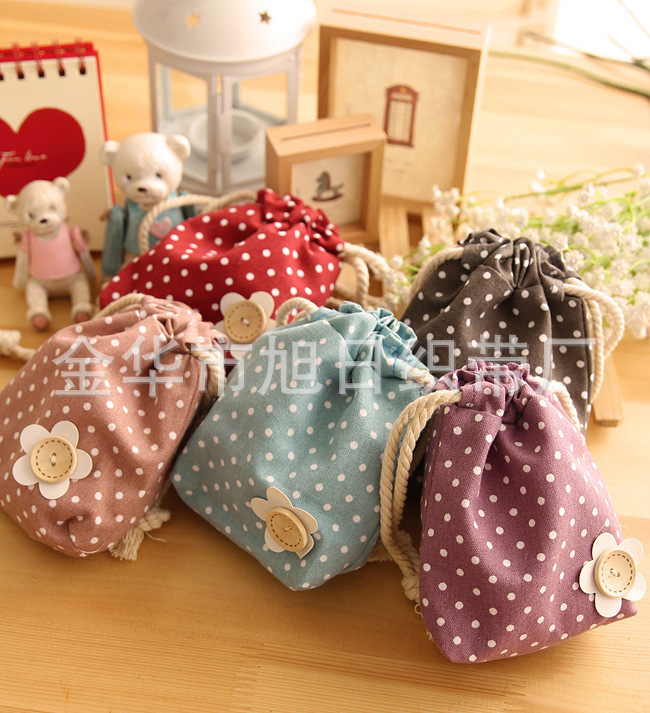 创意家居 清新可爱波点棉麻小花束口袋 糖果色收纳袋