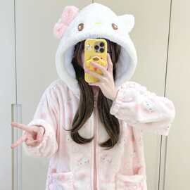 冬季可爱法兰绒kitty猫睡衣女款冬毛绒可外穿加绒加厚保暖家居服