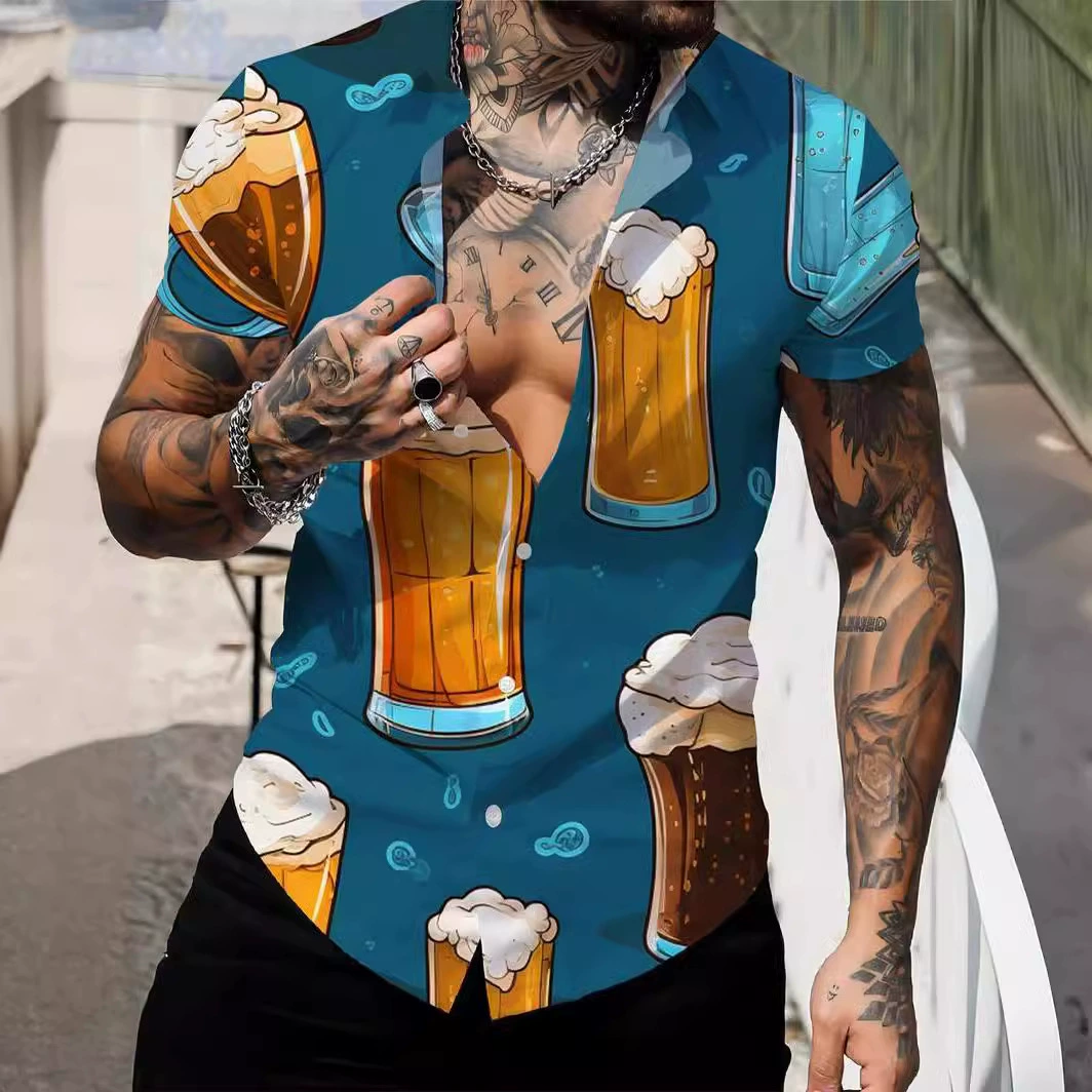 Мужское пиво 3D печать мода с короткими рукавами с v-образным вырезом рубашка, мужская летняя одежда, повседневный графический топ