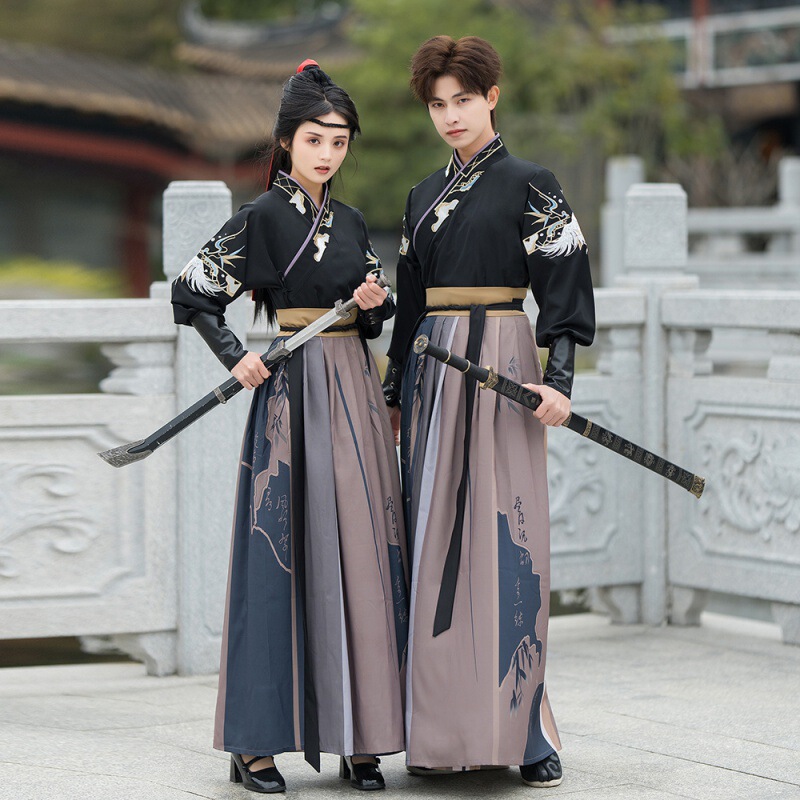 Daily Chinese style original cross collar Hanfu men's and women's embroidered traditional CP couple's Han element suit