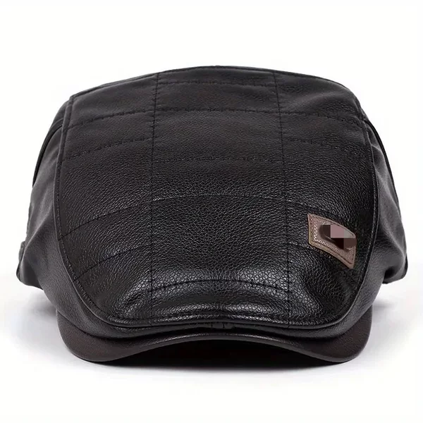 Autumn and Winter Men's Leather Hat with Fleece Lining, Warm Casual Sun Protection Baseball Cap, Thickened Ear-Protecting Hat for Middle-Aged and Elderly