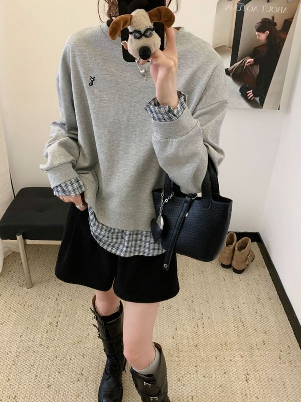 3603长袖假两件卫衣女2025秋圆领格子韩版宽松长袖上衣女韩国卫衣|undefined