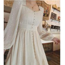 法式复古方领连衣裙秋冬新款雪纺长袖收腰显瘦中长款裙子