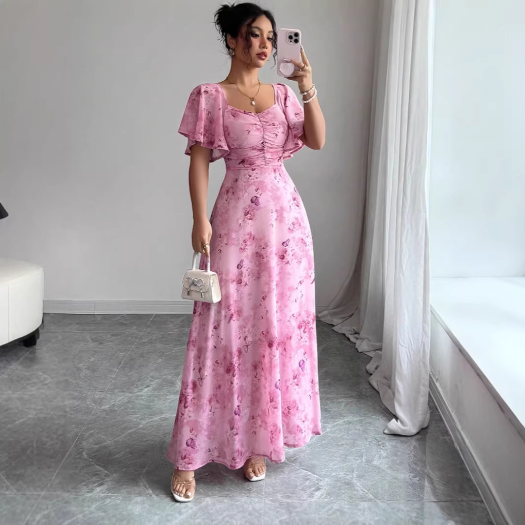 2025 Summer New European and American Amazon Cross-Border Foreign Trade Lotus Leaf Sleeve Printed Slim-Fit Elegant Dress Is Now Available
