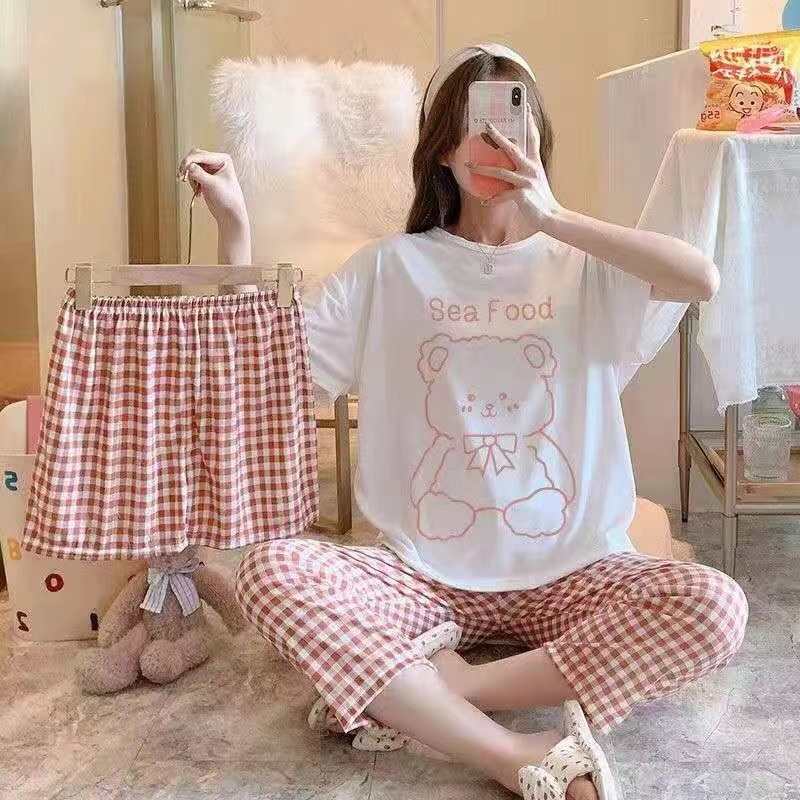 Pijama de verano de mujeres delgado en línea popular estilo coreano estudiantes dulces lindos vestidos para el hogar de mujeres se pueden usar con tres piezas