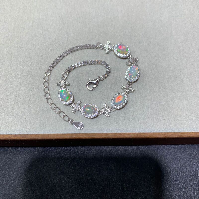 Natural Opal Bracelet Silver 925 Women's Unoptimized White Opal Full Fire Color Opal Opal Silver Inlaid Silver Opal