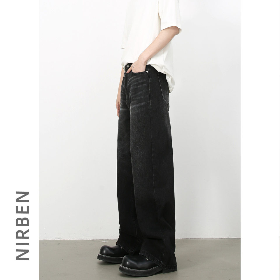 Quần jean nam ống rộng ống đứng phong cách Hàn, cạp vừa, denim cotton thoáng mát — Màu xanh lam, Đen xám