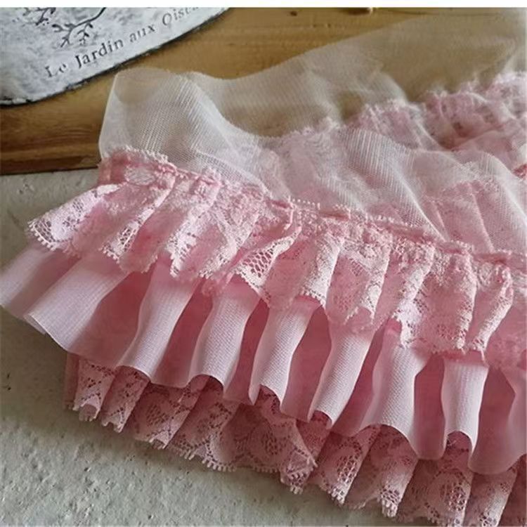 10cm de ancho tres capas de encaje rosa chiffon encaje Lolita ventanas de encaje vestido de bebé decoración DIY