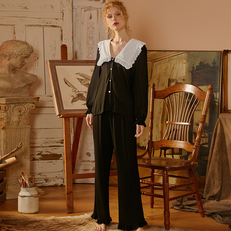 CM Original Large Lapel Modal Home Wear Tall and Slimming Simple and Comfortable Pajamas Micro Lara Pants Long Sleeve Suit