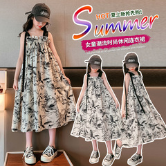 女童背心連衣裙夏季2023新款洋氣中大童網紅時髦水墨畫兒童公主裙