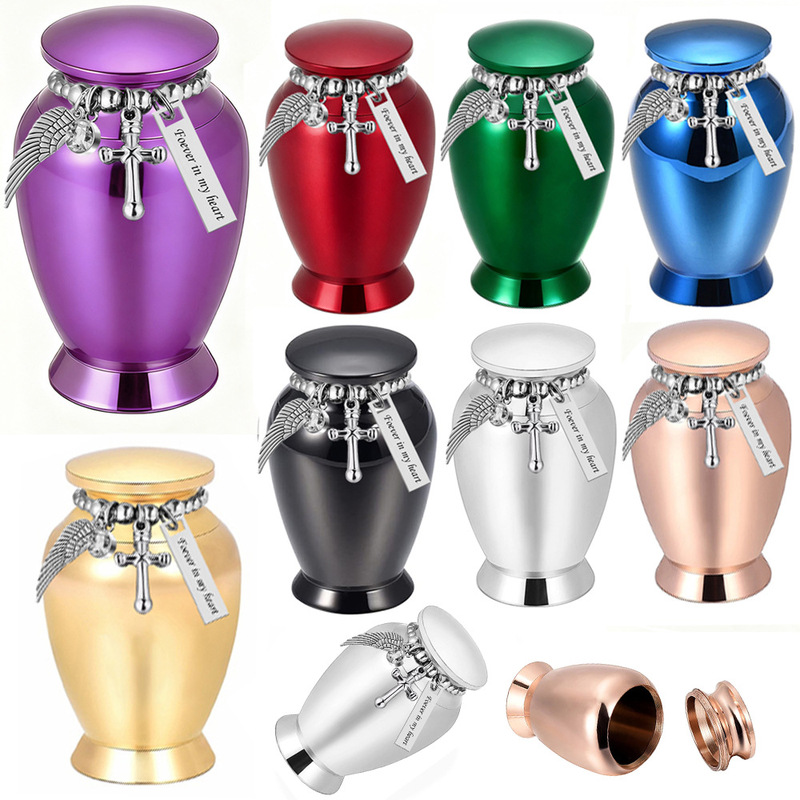 New Aluminum Alloy 75X45Mm Commemorative Pet Ashes Urn with Cross Bead Chain, Openable Ashes Box