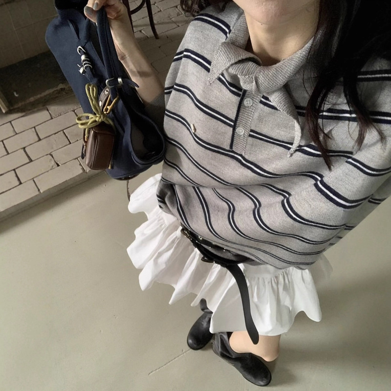 韩国chic秋季新款韩版百搭复古条纹系扣尖领慵懒宽松长袖针织衫女|undefined