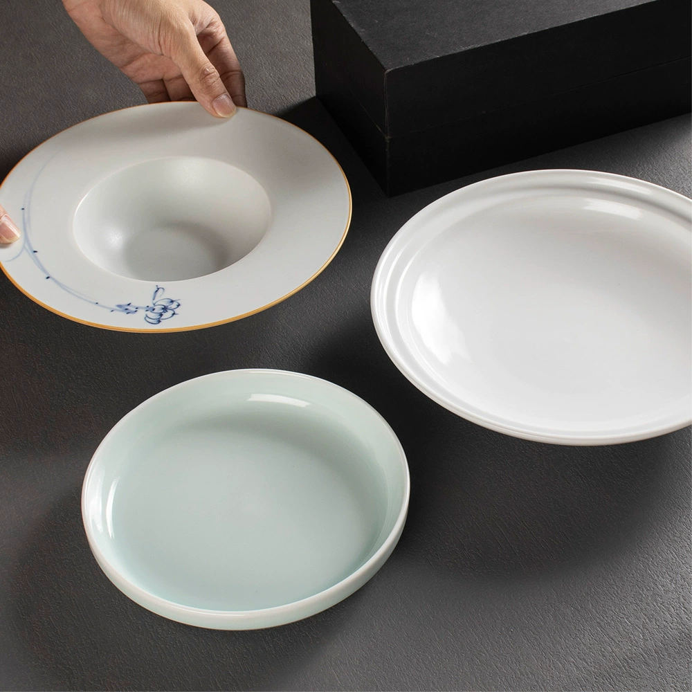 Индийская синька? Jingdezhen высокотемпературная керамическая столовая посуда, коммерческая круглая легкая роскошь стиль простой стиль ободок защищенная плоская тарелка, тень, зелёная фарфорная миска