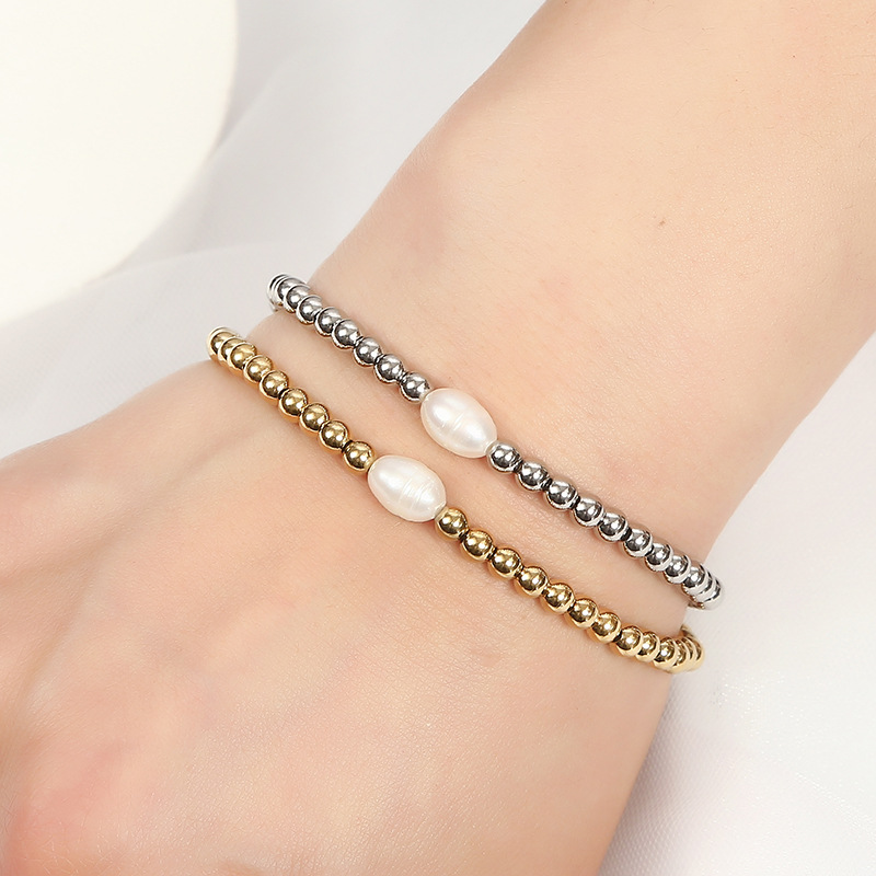 304 Stainless Steel Pendant Material Bracelets Classification Elegant Round Stainless Steel Freshwater Pearl Plating Gold Plated Bracelets