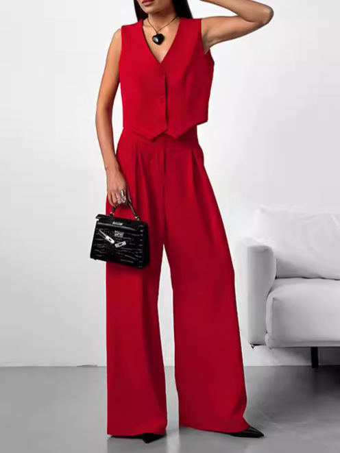 Conjunto Elegante de Cuello en V de Lino y Pantalón Ancho