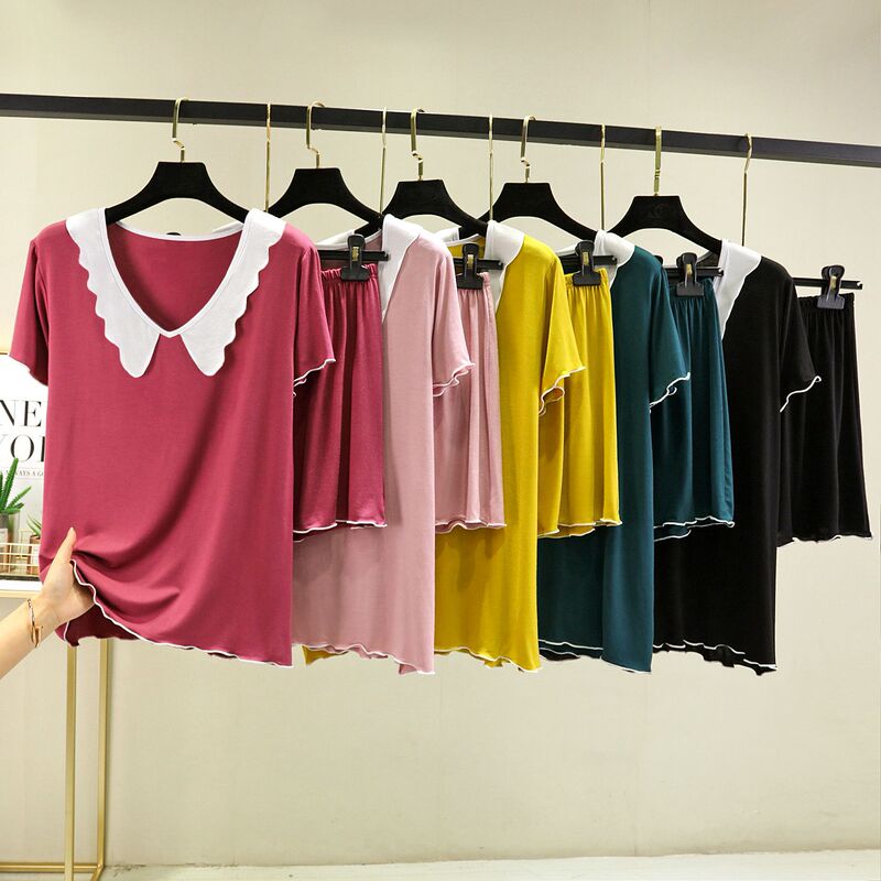 Summer New Modal Doll Collar Short-sleeved T-shirt Shorts Home Clothes V-neck Large Size Loose Casual Two-piece Set