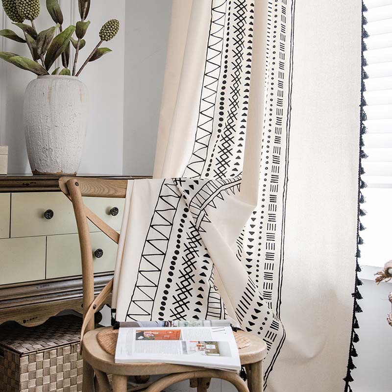 Cortinas Bubaba American Bohemian em algodão e linho com estampa geométrica perfurada e bloqueio de luz, ideais para quartos, janelas salientes e cozinhas._voghion.com