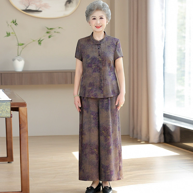 Новая китайская мама летняя шелковая атласная ароматная облачная рубашка с короткими рукавами набор из двух частей