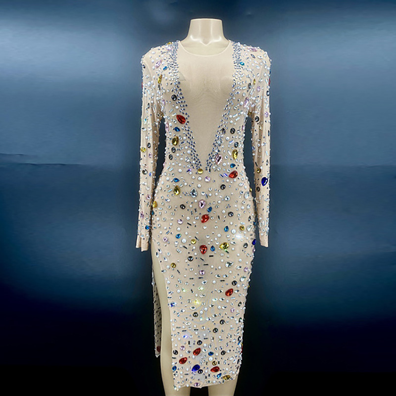 2024 Summer Women's Sexy Side Split Balloon Cocktail Dress Elegant Colorful Crystal Evening Dress Sexy Sequin