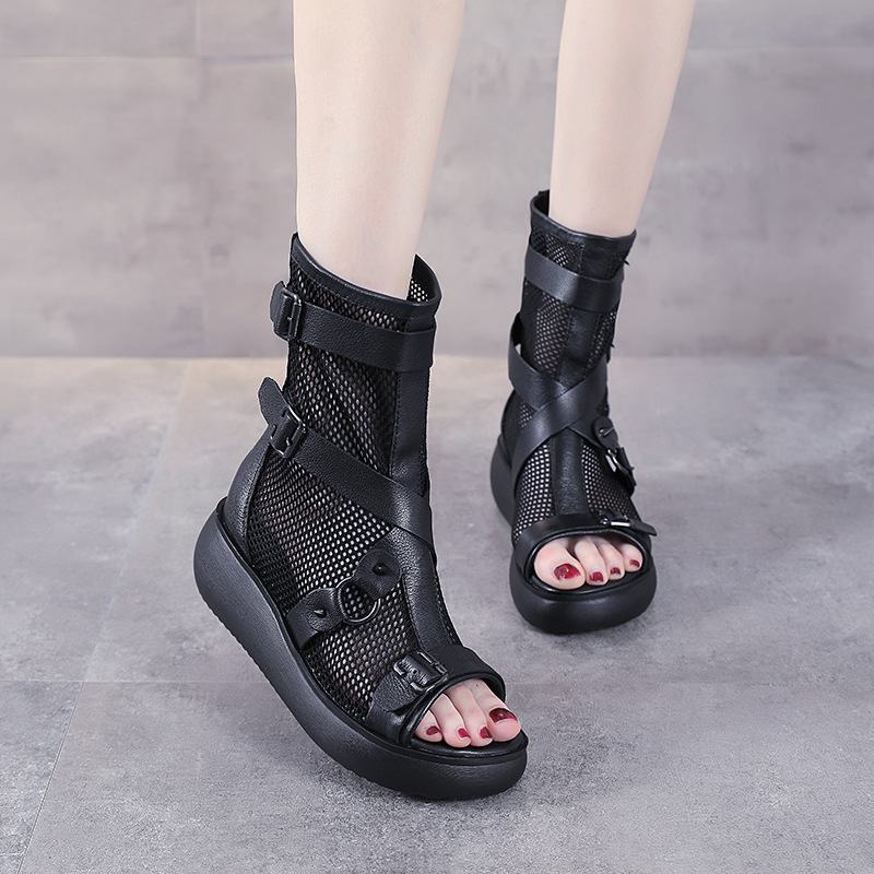 Giày sandal nữ da bò thật đế dày phong cách La Mã, mũi hở lưới thoáng — Màu đen