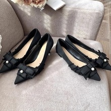 羊皮版~网红新款尖头蝴蝶蝶珍珠平底单鞋女舒适高跟婚鞋通勤女鞋