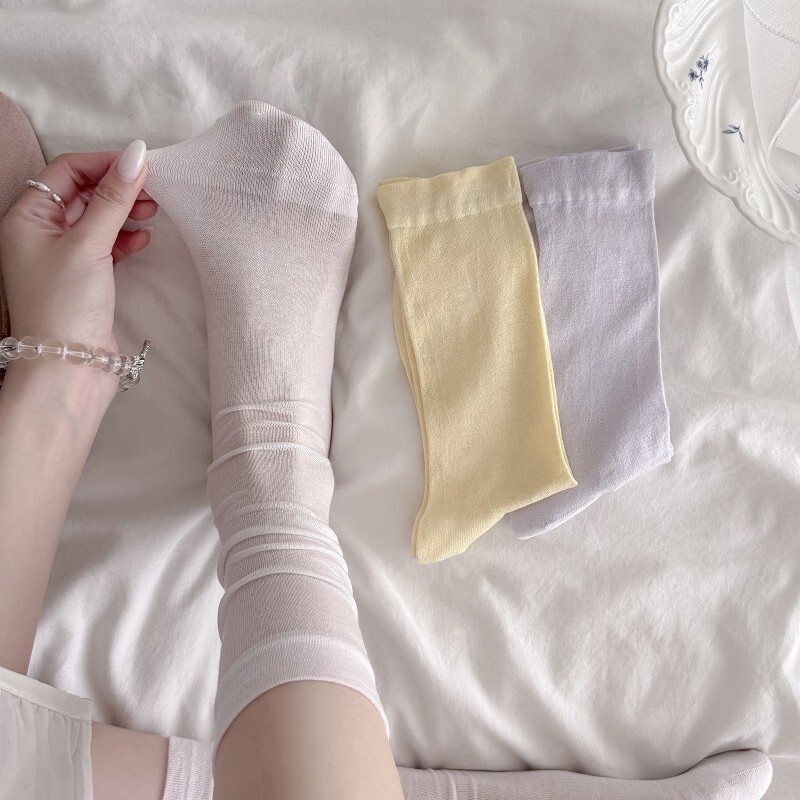 New Style Mulberry Silk Socks for Women, Mid-Calf Socks, Thin and Breathable for Spring and Summer, Solid Color, Versatile, Japanese Style, Candy Color, Slouch Socks