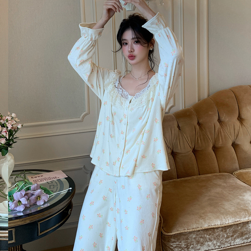 法式睡衣新品冬长袖长裤水貂绒套装甜美可爱印花睡衣家居服可外穿|undefined