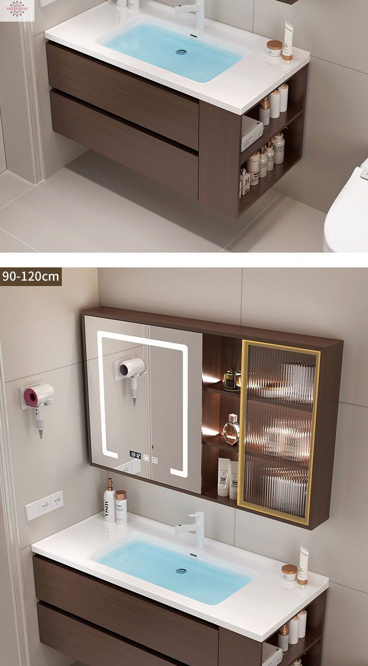 New walnut wood side cabinet, ceramic integrated basin, bathroom cabinet combination, bathroom washbasin, smart hand washing basin undefined