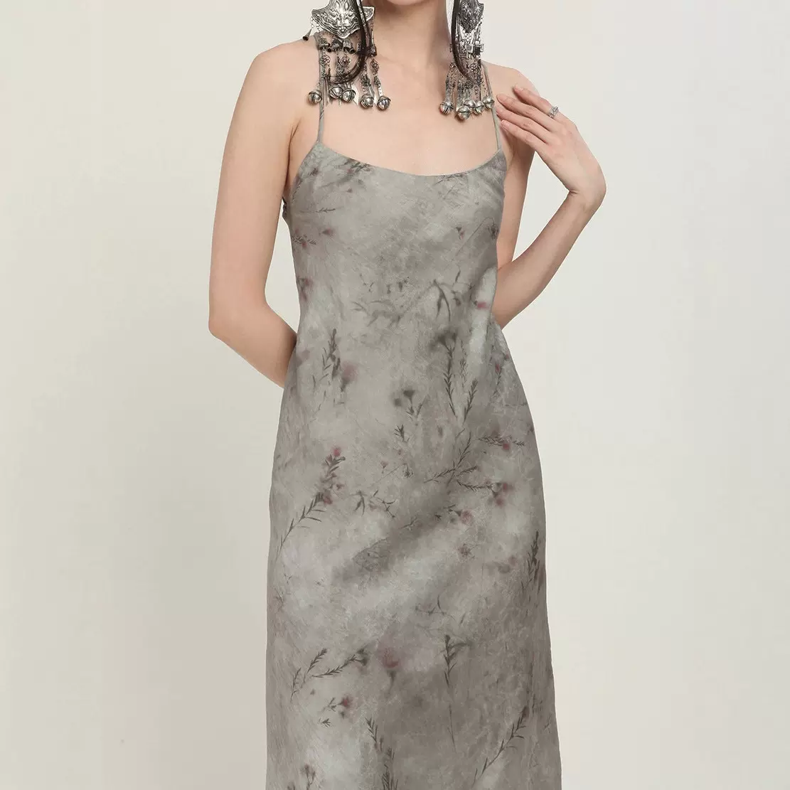 特价 海边出片衣服清冷感连衣裙吊带裙水墨印花裙B0413开衫套装