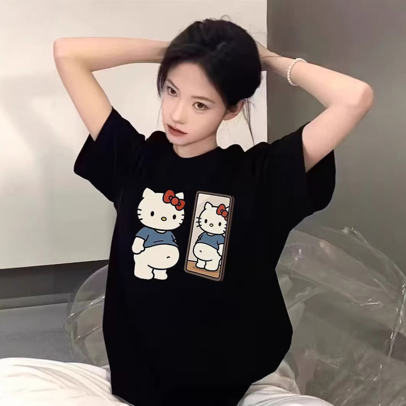 Kitty Cat Black Short-Sleeved T-Shirt for Women Summer New Style Loose Plus Size Design for Plus-Size Girls Niche Pure Cotton American-Style Top Kitty Cat Black Short-Sleeved T-Shirt for Women Summer New Style Loose Plus Size Design for Plus-Size Girls Niche Pure Cotton American-Style Top
