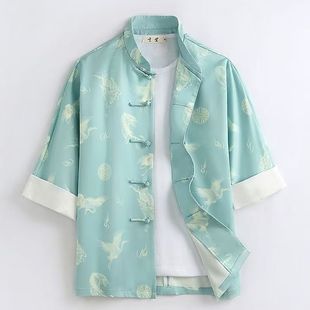 Summer Short-Sleeve Chinese-Style Retro Top, New Chinese Style Sky Blue In-Stock Zhongshan Suit Corduroy Rabbit Fur