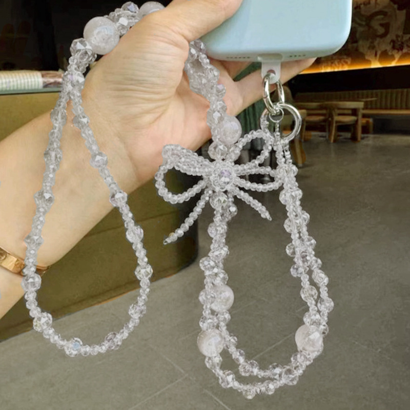 粉色超仙蝴蝶结串珠手机挂绳女轻奢甜美斜可背带手机挂链包包链条|undefined