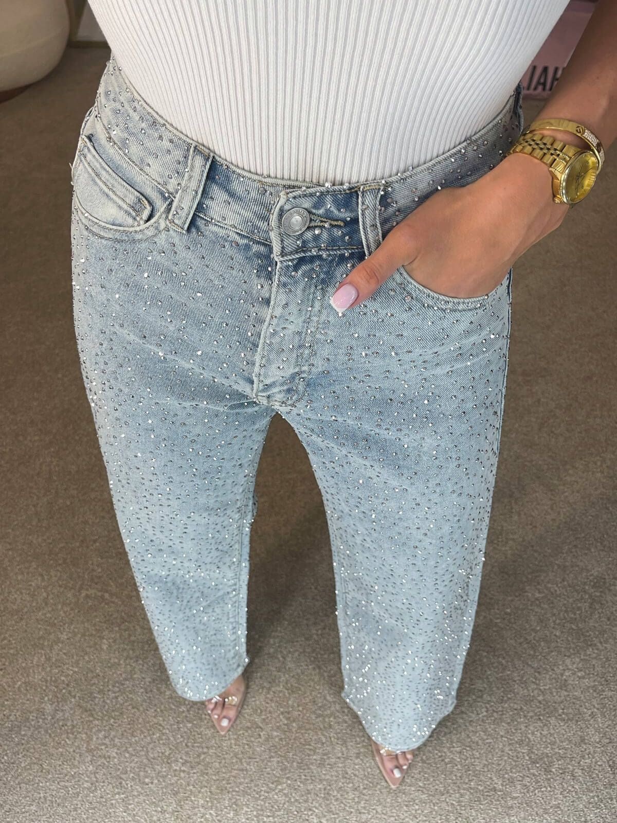 Women's High-Waisted Straight Leg Jeans Full Diamond Washed Denim Loose Fit European And American Style_mkmklike.com