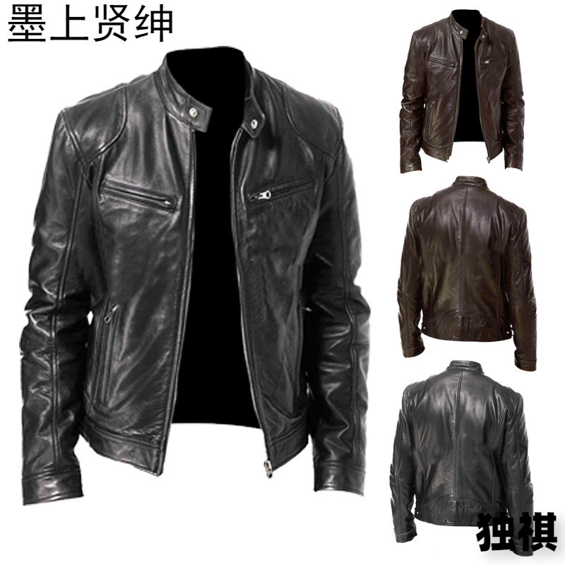 plus size 2023 Men's Vertical Collar Slim Fit Leather Jacket Zipper Pocket Decoration PU Leather Biker Clothing PY31 Special P55