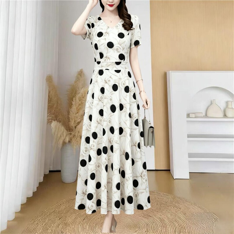 Mom-Style Floral Chiffon Dress with Pockets, Summer Short-Sleeved New Style, Elegant Slim-Fit Long Dress Mom-Style Floral Chiffon Dress with Pockets, Summer Short-Sleeved New Style, Elegant Slim-Fit Long Dress