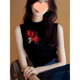 黑色印花半高领无袖T恤女春秋修身内搭打底衫酷飒拽姐显瘦上衣