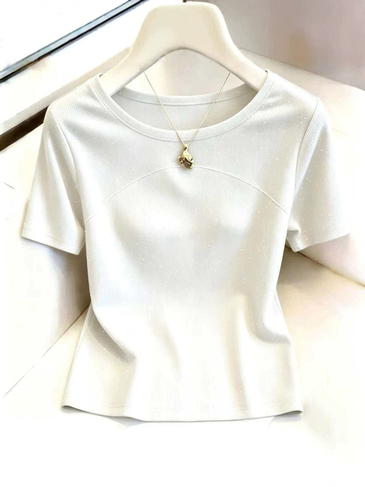 Ice Silk Ribbed 2026 Summer New Style Starry Sky Special Patchwork Short-Sleeve Stylish Slim-Fit T-Shirt Top Trendy