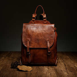 欧美真皮复古休闲男士双肩包植鞣皮擦色大容量背包商务旅行包女